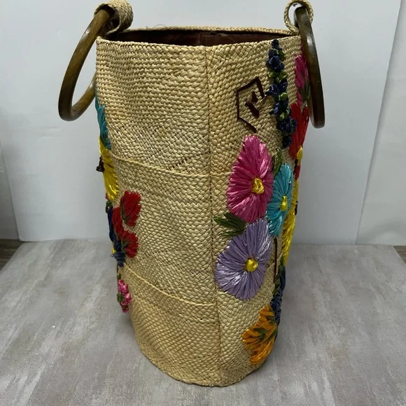 Vintage Embroidered Raffia Straw Tote 3D Floral Boho Market Bag Wooden Handles - Picture 2 of 12